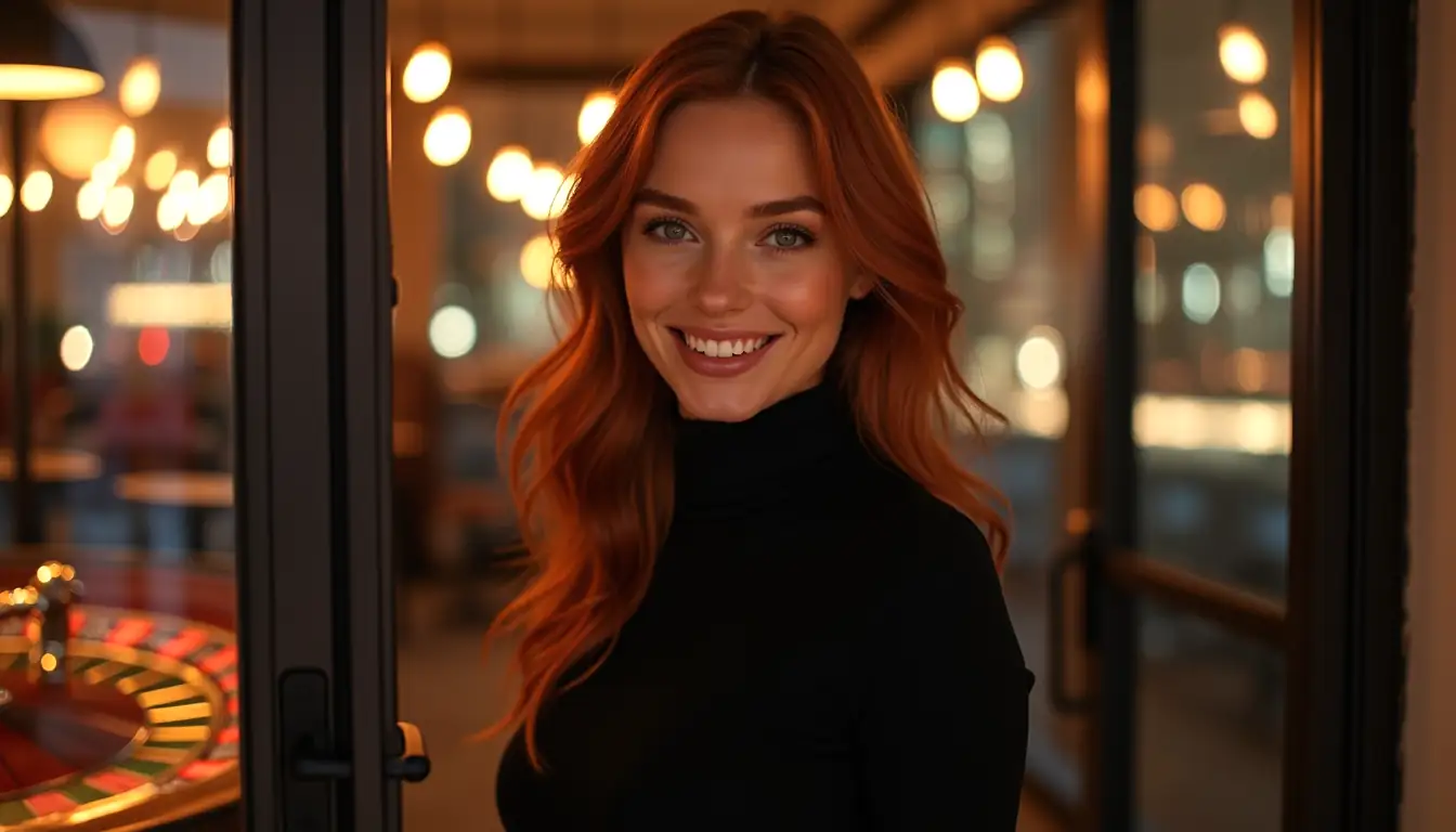 Red-haired woman with inviting smile in Brisbane apartment casino ambience